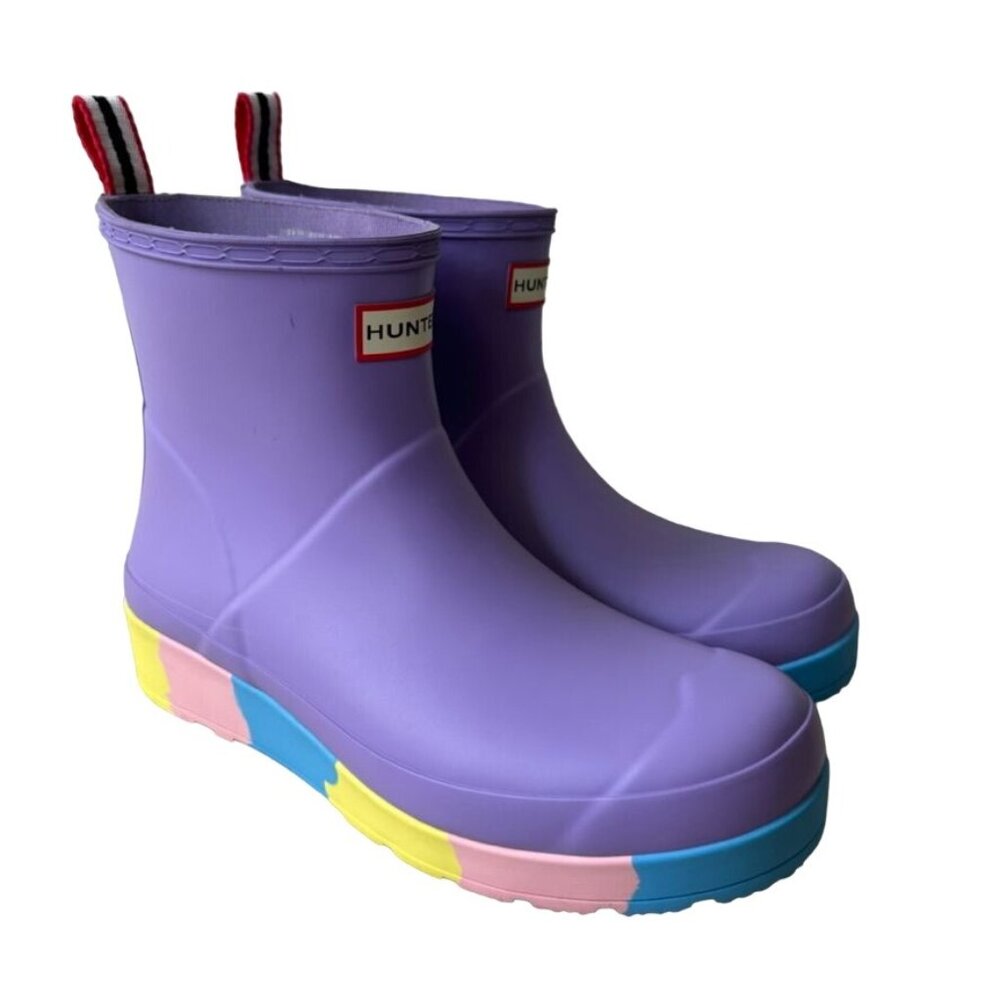 Hunter Women's Purple Rainbow Multicolor Play Short Stripe Sole Rain Boots Size